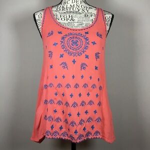 Coral and blue embroidered gauzy sleeveless top henna atzec pattern summer sz MP